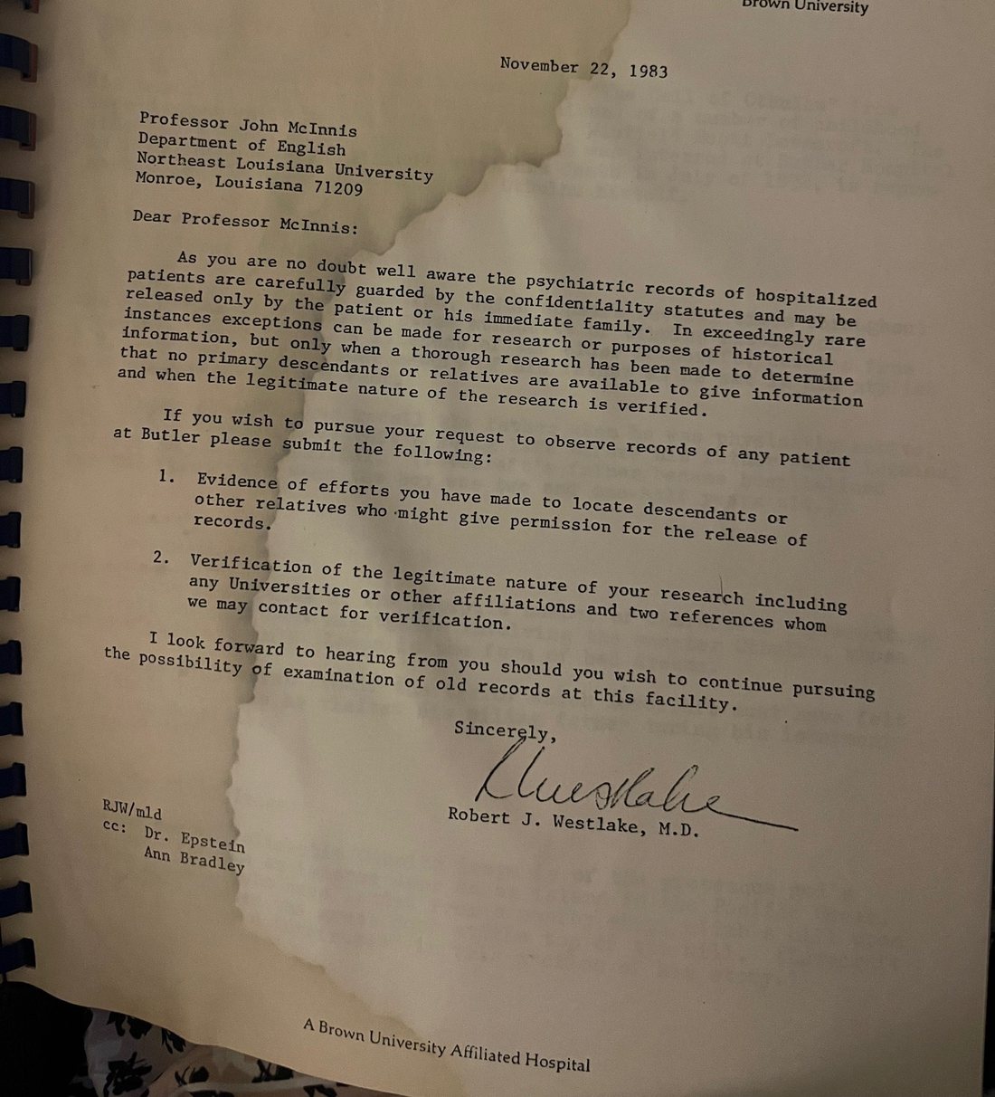 November 22, 1983 Butler Hospital letter outlining historical research requirements