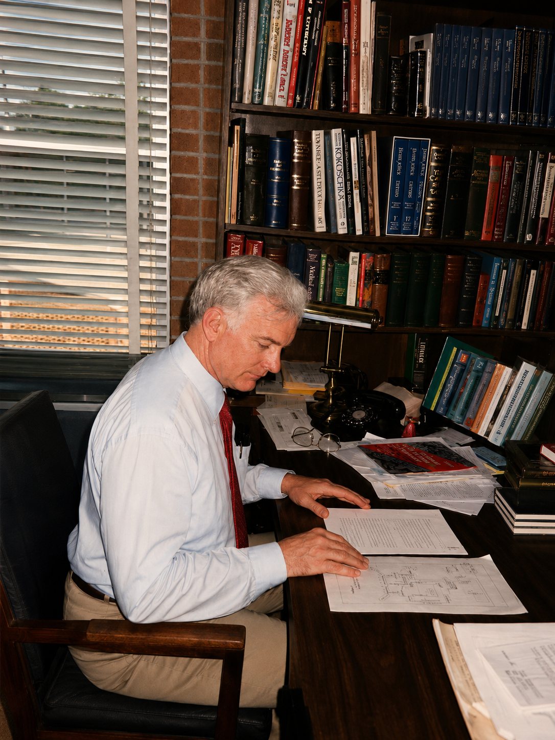 John Lawson McInnis III examining Butler Hospital floor plans during his Lovecraft research in 1987.