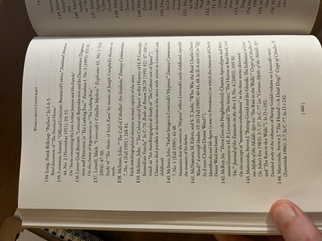 Page 466 of S. T. Joshi’s 2009 H. P. Lovecraft: A Comprehensive Bibliography showing consecutive John McInnis entries for The Call of Cthulhu, The Colour out of Space, and Hypnos.